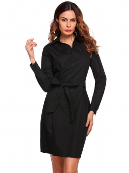 

Black Long Sleeve Wrap Tie Up Solid Shirt Dress, Multicolor