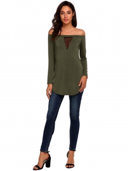 

Army green Women Fashion Sexy Slash Neck Long Sleeve Mesh Patchwork T-Shirt, Multicolor