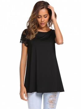 

Black Lace Patchwork Short Sleeve Long Loose Tops, Multicolor