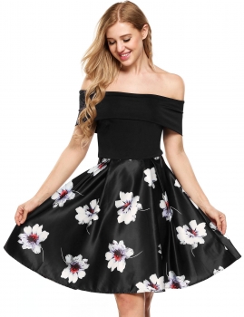 

Black Sleeveless Patchwork Off The Shoulder Swing Dress, Multicolor