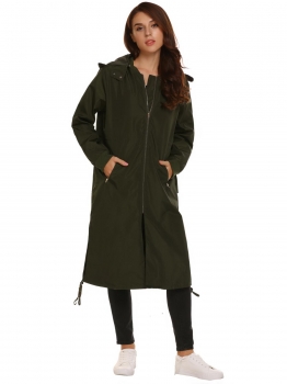 

Army green Solid Zipper Pocket Hooded Drawstring Coat, Multicolor