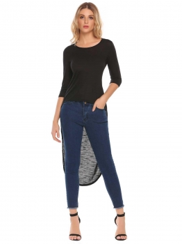 

Black Solid O-Neck 3"4 Sleeve High Low Hem Long Tops, Multicolor