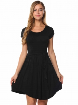 

Black Short Sleeve Solid Self Tie Belt Casual Dress, Multicolor