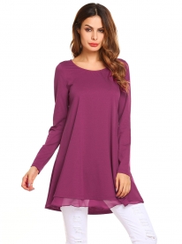 purple red women v-neck cuffed long sleeve casual chiffon button