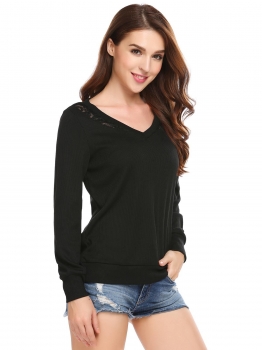 

Black Lace Patchwork V Neck Slim Ramona Pullover Sweaters, Multicolor