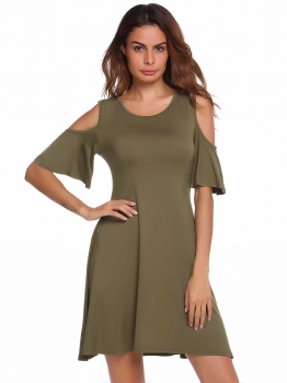 

Army green Cold Shoulder Half Sleeve O-Neck Solid Dress, Multicolor