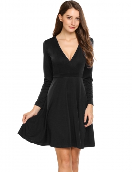 

Black Surplice Neck Long Sleeve Solid A-Line Dress, Multicolor