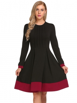 

Black Vintage Style Long Sleeve Pleated Patchwork Dress, Multicolor