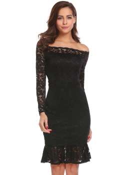 

Black Women Off Shoulder Long Sleeve Ruffle Hem Lace Cocktail Party Bodycon Dress, Multicolor