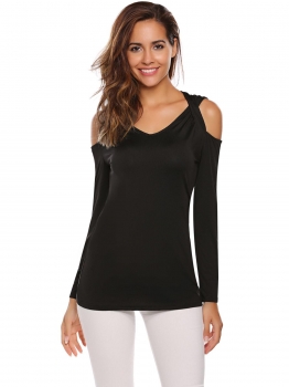 

Black Solid V-Neck Long Sleeve Cold Shoulder Slim Fit Tops, Multicolor
