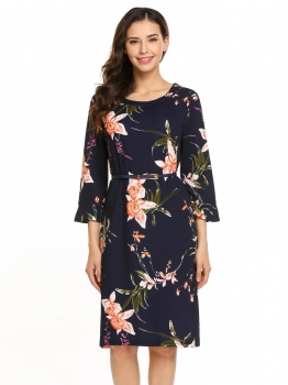 

Blue Floral Print O Neck 3"4 Sleeve Dress with Belt, Multicolor