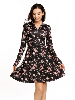 

Black Vintage Style Floral Long Sleeve V-neck Swing Dress, Multicolor