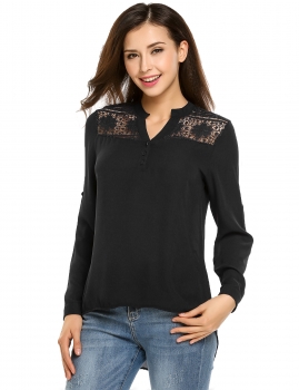 

Black Notch Neck Roll Up Sleeve Lace Patchwork Chiffon Blouse, Multicolor