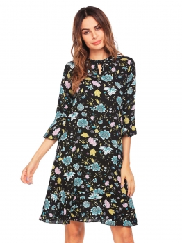 

Black Women Flare Sleeve Keyhole Floral Knee Shift Dress Loose Leisure, Multicolor