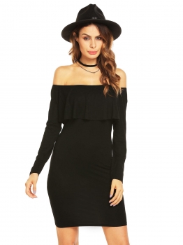 

Black Long Sleeve Off shoulder Ruffles Bodycon Mini Dress, Multicolor