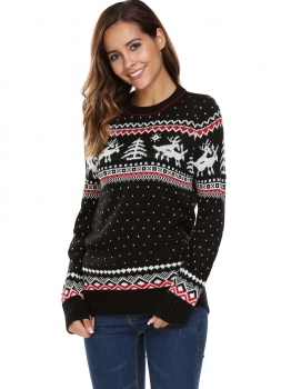 

Black Long Sleeve O Neck Print Slim Pullover Sweaters, Multicolor