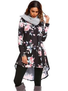 

Black Long Sleeve Floral Loose High Low Hem Dress, Multicolor