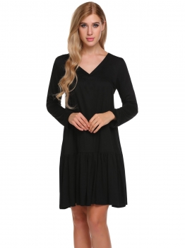 

Black V-Neck Long Sleeve Pleated Solid Casual Loose Dress, Multicolor