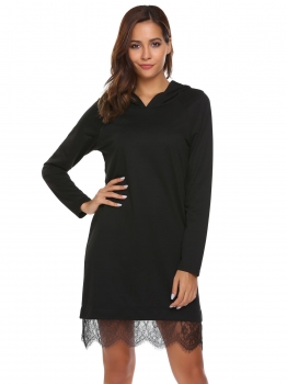 

Black Long Sleeve Lace Trim Hoodie Dress, Multicolor