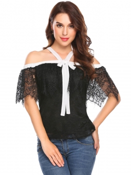 

Black Women Fashion Halter Cold Shoulder Ruffles Floral Lace Slim Fit Blouse Tops, Multicolor