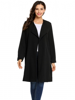 

Black Long Sleeve Open Front Solid Side Split Long Waterfall Trench Coat, Multicolor