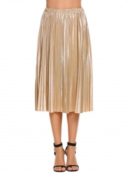 

Gold High Elastic Waist Pleated A-Line Midi Skirt, Multicolor
