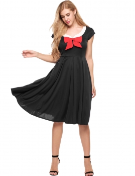 

Black Vintage Style Notch Neck Bow Tie Short Sleeve Pleated Dress, Multicolor