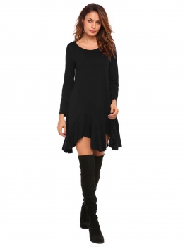 

Black Long Sleeve Solid Irregular Hem Dress, Multicolor