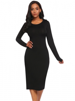 

Black O-Neck Long Sleeve Solid Bodycon Maxi Dress, Multicolor