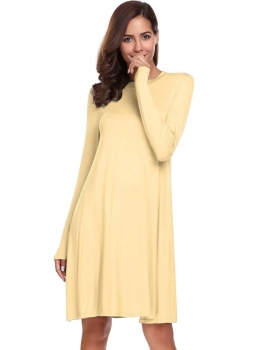 

Beige Solid Long Sleeve Neck Loose Hem Short Dress, Multicolor