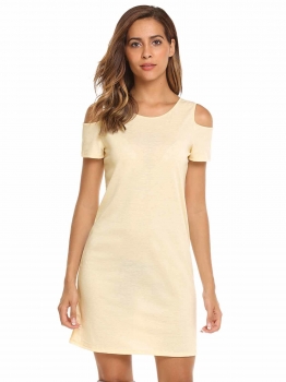 

Beige Solid Criss Cross Back Cold Shoulder Short Sleeve Mini Dress, Multicolor
