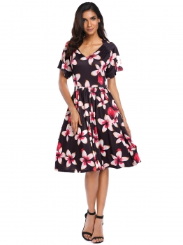 

Black Vintage Style Short Sleeve V-Neck Floral Dress, Multicolor