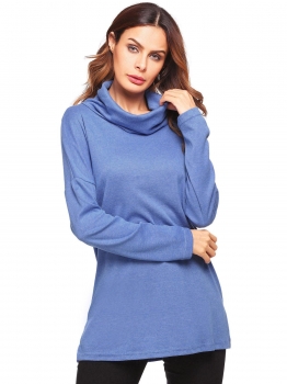 

Blue Solid Turtle Neck Long Sleeve Split Side Loose Fit Tops, Multicolor