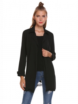 

Black Lapel Collar Long Sleeve Lace Patchwork Chiffon Cardigan with Belt, Multicolor