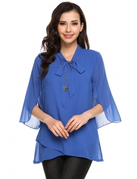 

Blue Bow Tie Cross Asymmetrical Hem Double Layers Chiffon Top, Multicolor