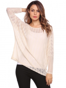 

Beige O-Neck Long Batwing Sleeve Solid Loose Tops, Multicolor