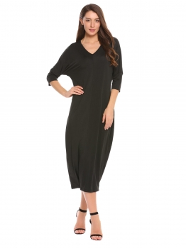 

Black Batwing 3"4 Sleeve Solid Loose Maxi Dress, Multicolor