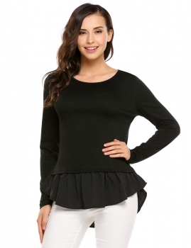 

Black Long Sleeve Patchwork Ruffles Hem Slim Tops, Multicolor