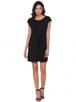 

Black Cap Sleeve Solid Knee Length Waist Lace Up Casual Dress With Pocket, Multicolor