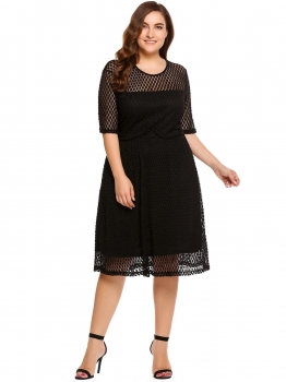 

Black Plus Size O-Neck Half Sleeve Lace Dress, Multicolor