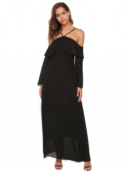 

Black Spaghetti Strap Cold Shoulder Back Hollow Out Solid Maxi Dress, Multicolor