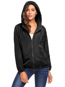 

Black Lightweight Drawstring Hooded Zip Up Solid Casual Jacket With Pocket, Multicolor