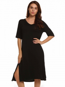 

Black V-Neck Half Sleeve Solid Split Loose Dress, Multicolor
