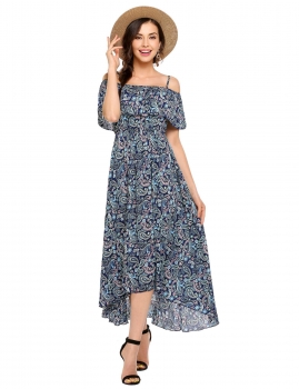 

Blue Bohemian Style Spaghetti Strap Ruffled Prints Long Dress, Multicolor