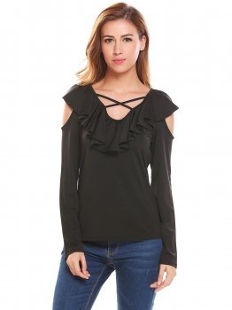 

Black Women Casual V-Neck Long Sleeve Crossing Straps Cold the Shoulder Ruffle Sexy Blouse Tops, Multicolor
