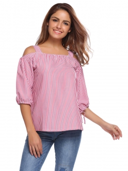 

Striped Sleeve Drawstring Cuff Loose Cold Shoulder Tops, Multicolor