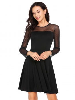

Black Long Sleeve Mesh Patchwork Skater Dress, Multicolor