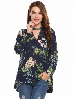 

Navy blue Long Sleeve Front Hollow Out Floral Blouse Shirt, Multicolor