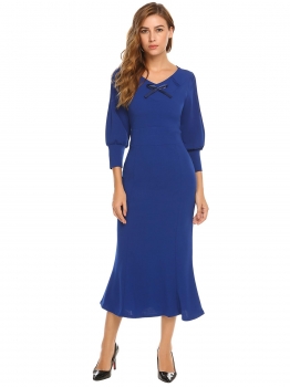 

Blue V-Neck Bow 3"4 Sleeve Maxi Fishtail Dress, Multicolor