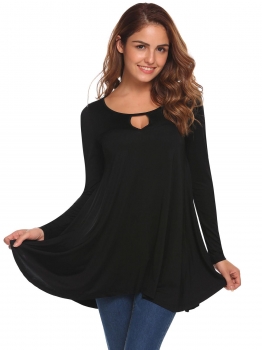 

Black Solid Key Hole O-Neck Long Sleeve Tunic Pleated Tops, Multicolor